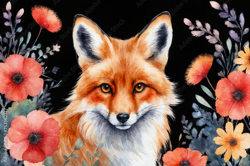 Obraz premium Charming cute red fox with flowers on a black background. Beautiful watercolor illustration. Portrait of a wild forest animal, suitable for clothes, posters, books.