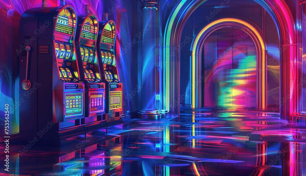Retro Casino Slot Machines on a Neon Lit Floor Retro Casino Slot Machines on a Neon Lit Floor
