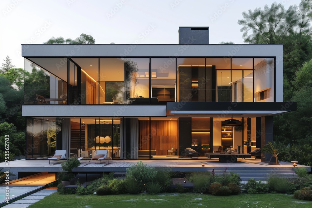 A modern house facade characterized by clean lines, expansive glass windows, and a sleek metal finish