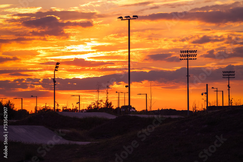 Sunset at the BMX track at Lee Valley VeloPark in East London, UK