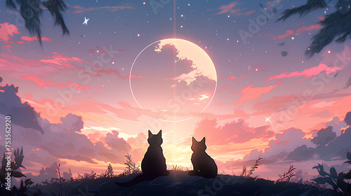 Black cat looking at the scene moon illustration