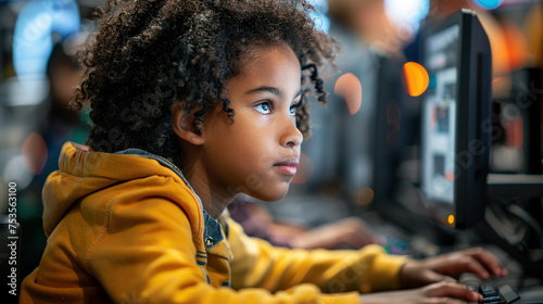 Focused Child Engaged in Computer Programming Activities photo