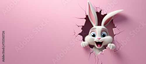 Cute Cartoon Easter Bunny Breaking though a Wall with Space for Copy photo
