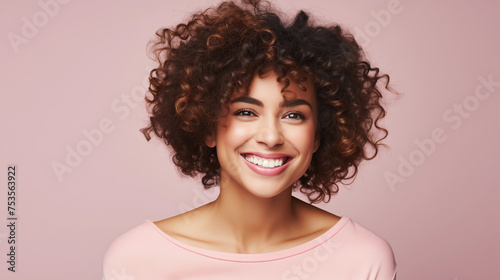 A beautiful smiling afro american woman with white teeth smile and healthy skin. Concept of natural cosmetics, cosmetology, , skin care