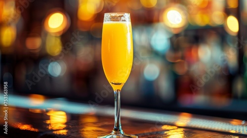 Mimosa cocktail on bar background. Glass of alcoholic drink photo