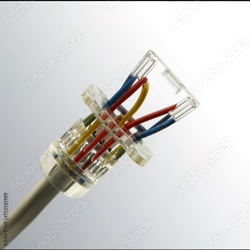 Transparent telephone plug on a cable showing the colored wires over white in a telecommunications concept