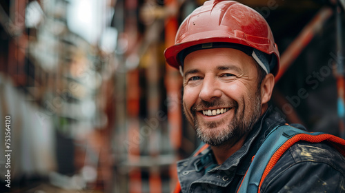 A construction worker in work clothes and a protective helmet smiles at the camera