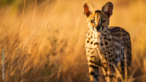 Graceful serval hunting in its natural African grassla photo