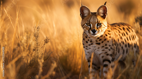 Graceful serval hunting in its natural African grassla photo