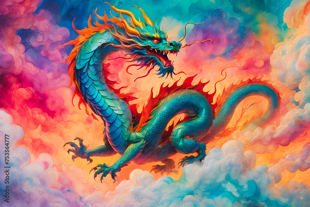 Chinese Dragon Through Luminous Ink Clouds (PNG 8208x5472)