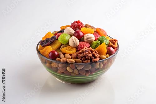 nuts and dried fruit in white background 
