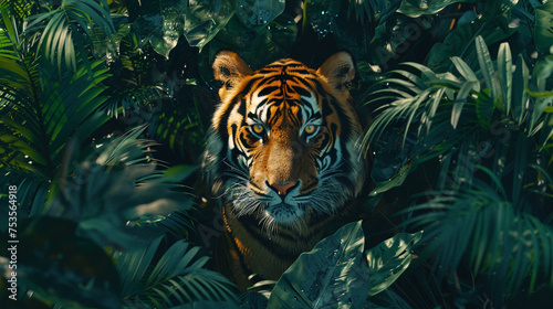 A regal Bengal tiger camouflaged among the dense foliage of an Indian jungle.