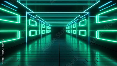 Fototapeta Naklejka Na Ścianę i Meble -  3d render, blue green neon abstract background, ultraviolet light, night club empty room interior, tunnel or corridor, glowing panels, fashion podium, performance stage decorations