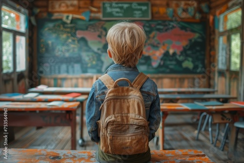 A moment of wonder as a child ponders over a vivid world map in a rustic classroom, igniting the quest for knowledge