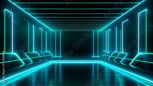 3d render, blue green neon abstract background, ultraviolet light, night club empty room interior, tunnel or corridor, glowing panels, fashion podium, performance stage decorations 