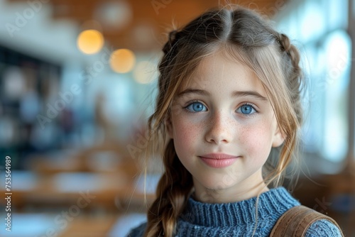 A portrait of a young girl with enchanting blue eyes and a gentle expression, capturing innocence and curiosity photo