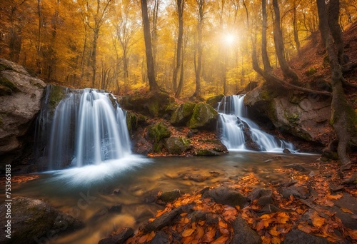 Beautiful waterfall in autumn forest in crimean mountains at sun photo