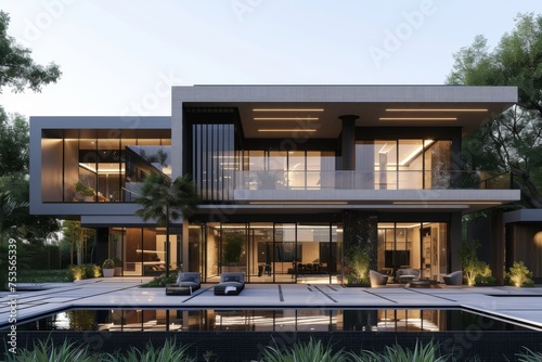 A modern exterior house against a backdrop of soft black © Boinah