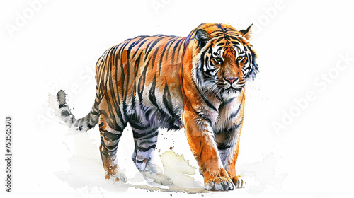 A regal Bengal tiger, its orange and black stripes vividly contrasting against a solid white canvas. © Artist