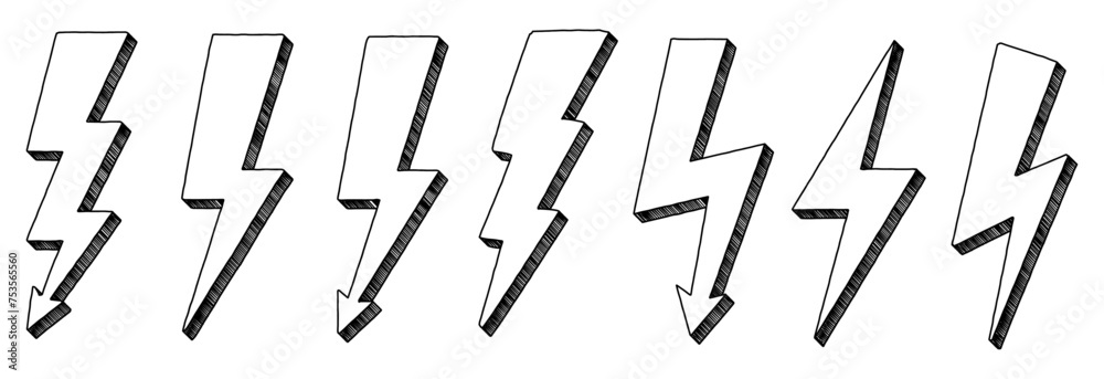 Lightning bolt symbols in three-dimensional sketch style Lightning bolt symbols in three-dimensional sketch style