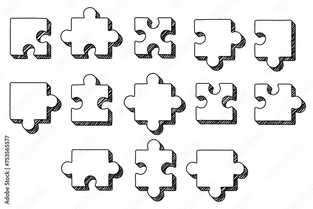 Isolated puzzle pieces in sketch style with three-dimensional shading effect Isolated puzzle pieces in sketch style with three-dimensional shading effect