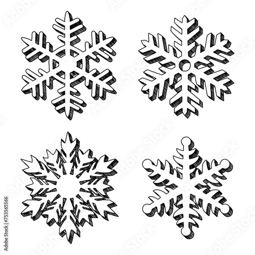 Snowflakes in doodle sketch style with three-dimensional shading effect