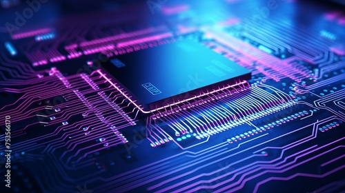 Abstract hardware and software background. Circuit board, Chip processor, Mainboard and code programmer. Hi-tech computer engineer. Pixels screen and database coding. Blue and pink neon light effect