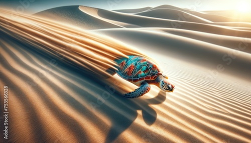 A majestic sea turtle appears to soar across a landscape of sand dunes under a dynamic sky, conveying a sense of freedom and movement. photo