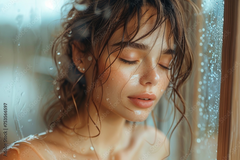 A serene portrait of a woman next to a window adorned with rain droplets, radiating a peaceful ambiance