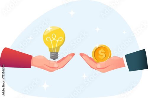 concept of exchanging an idea for money,  hand with  light bulb and  hand with money, capitalizing on ideas