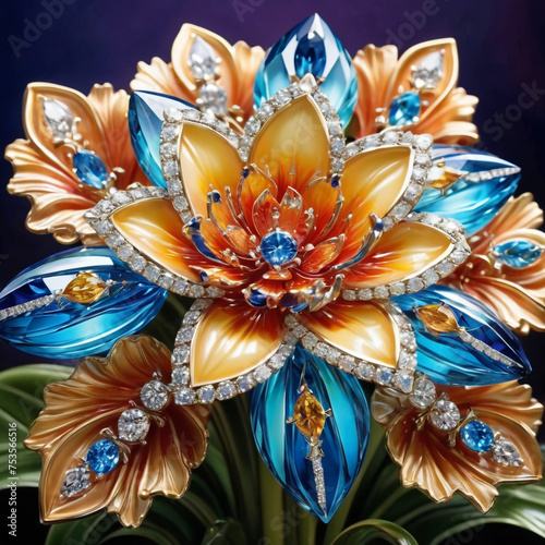 A stunning arrangement of crystal flowers and leaves  brightly lit to highlight their intricate details and brilliant facets. The dark background emphasizes the radiant glow of the crystals.