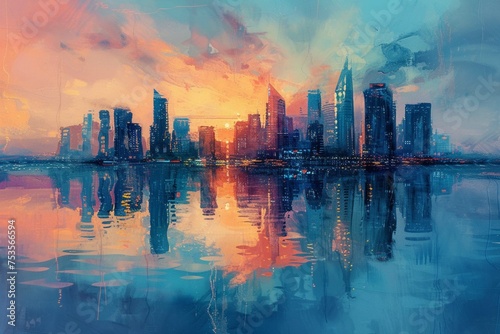 Skyline city view with reflections on water. Original oil painting on canvas 