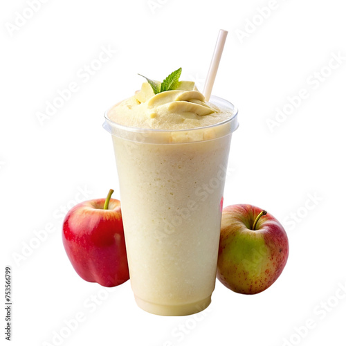 Smoothie in a plastic cup with a straw and fresh apples on a transparent background.