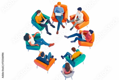 Team of business people sitting in circle top view. Teambuilding, staff education concept. Young men and women meeting with couch at training, brainstorming. Vector illustration isolated