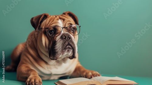 Intelligent bulldog wearing glasses deeply engaged in reading a book, symbolizing learning and curiosity. Copy space.