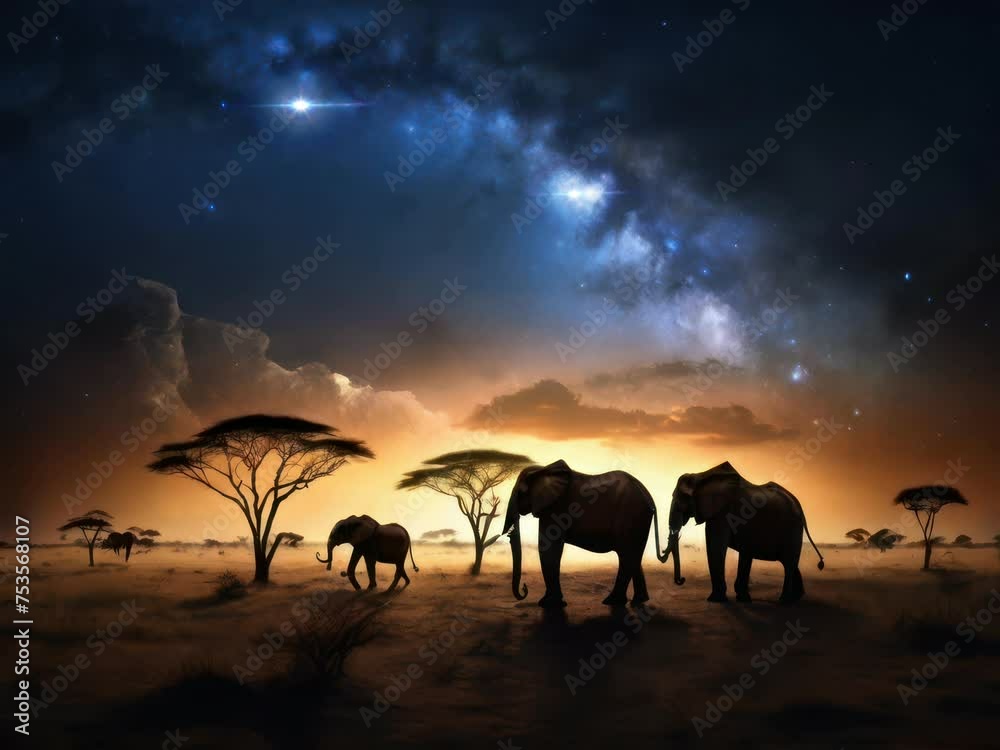 elephant walking in the savannah at night, a beautiful view of the Milky Way in the sky elephant walking in the savannah at night, a beautiful view of the Milky Way in the sky