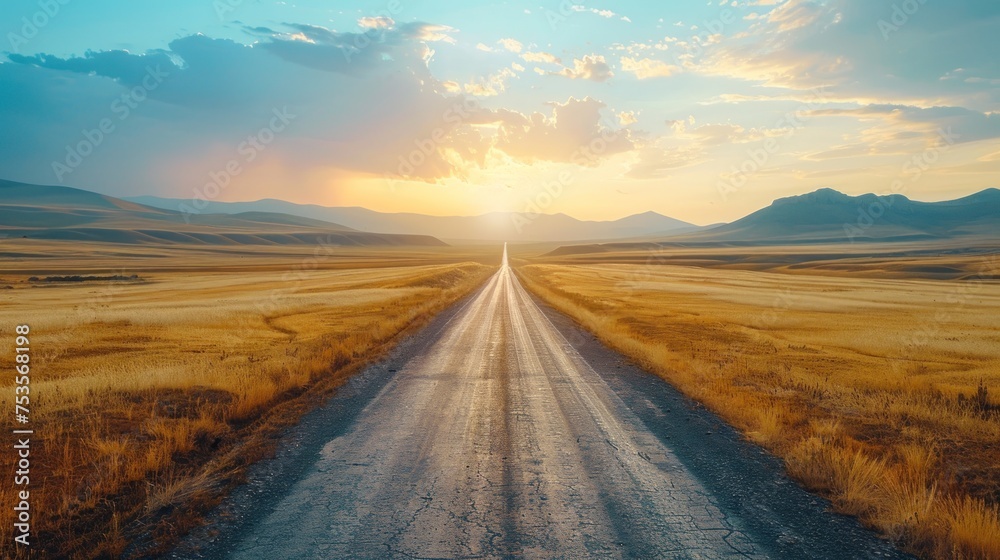 A long road stretches across a dry, barren landscape