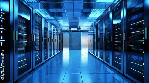 Within a data center, a server room is depicted, showcasing various telecommunication equipment.
