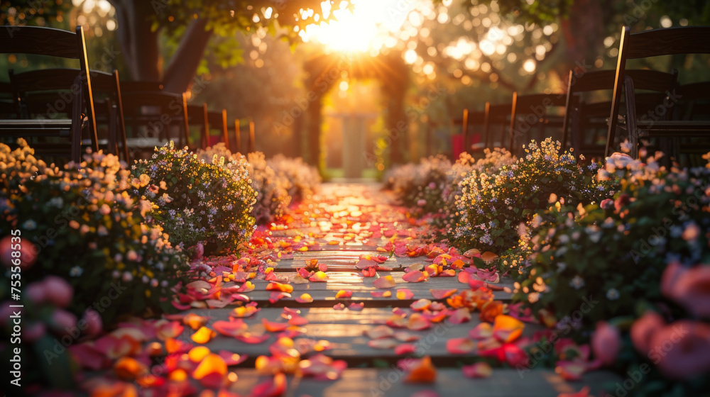 Obraz premium Beautiful Wedding ceremony event in garden at sunset.