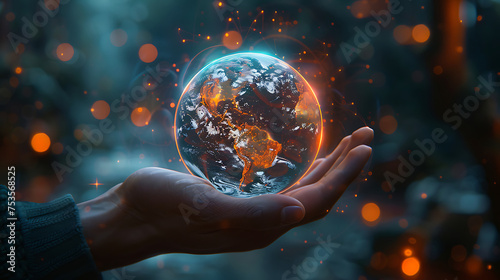 Hand holding hologram earth futuristic economy globe trade green eco design illustration AI Image Generative