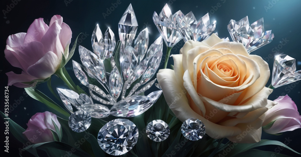 A stunning arrangement of crystal flowers and leaves, brightly lit to highlight their intricate details and brilliant facets. The dark background emphasizes the radiant glow of the crystals. - obrazy, fototapety, plakaty 