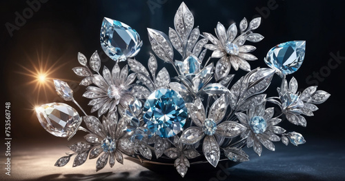 A stunning arrangement of crystal flowers and leaves, brightly lit to highlight their intricate details and brilliant facets. The dark background emphasizes the radiant glow of the crystals. photo