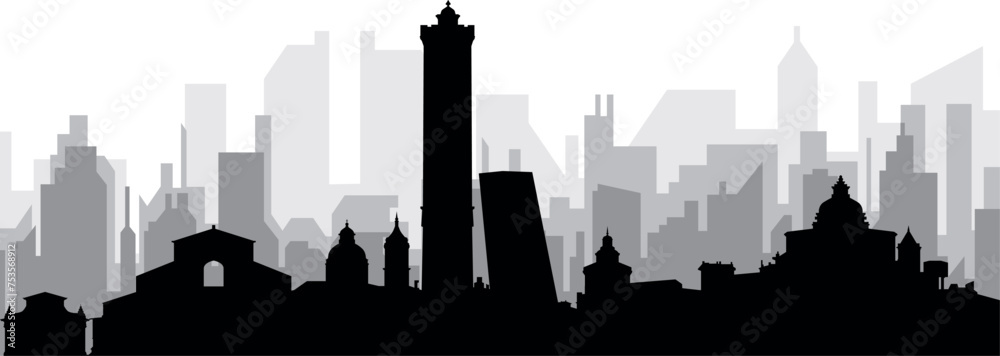 Black cityscape skyline panorama with gray misty city buildings background of BOLOGNA, ITALY