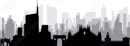 Black cityscape skyline panorama with gray misty city buildings background of MILAN (MILANO), ITALY