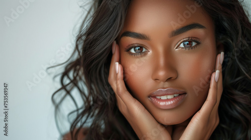 Young black woman with perfect skin, studio background.