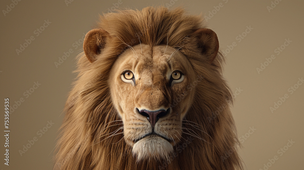 Fototapeta premium A regal lion with a majestic mane, photographed in a powerful pose on a solid ivory background.