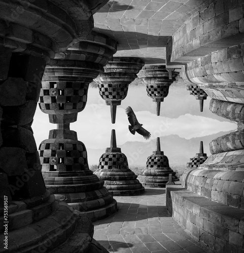 Surreal dream of Borobudur and flying