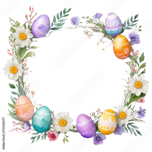 colorful watercolor easter bunny and easter eggs with flowers  on isolated transparent background png, generated with AI