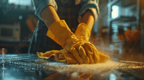 Hands in yellow gloves cleaning a shiny kitchen surface. photo