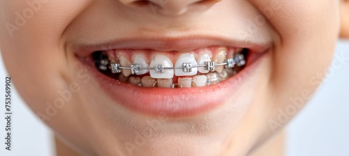 Child with metal braces smiling, healthy white teeth on white background, copy space